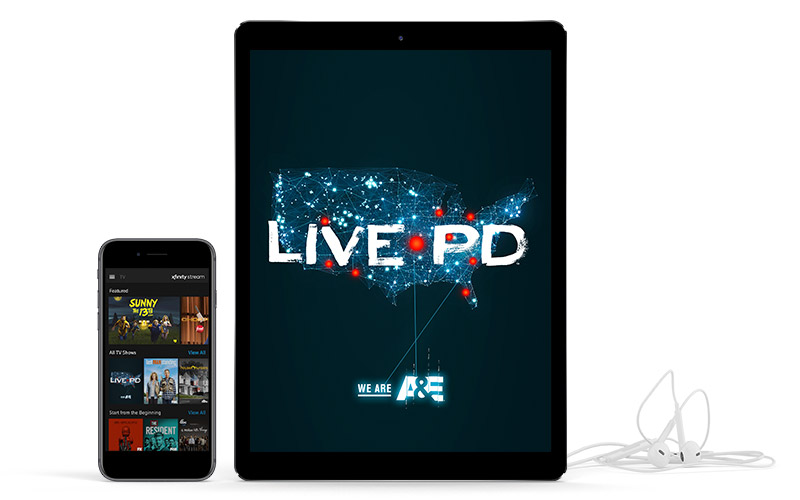 List of shows displayed on smart phone and "Live PD" displayed tablet next to earbuds